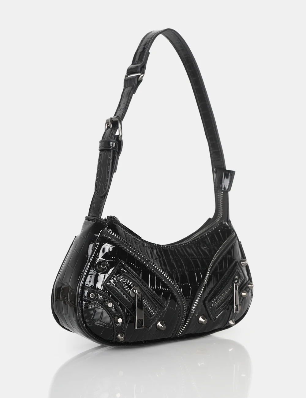 The Candice Zip Detailed Black Croc Shoulder Bag - Image 2