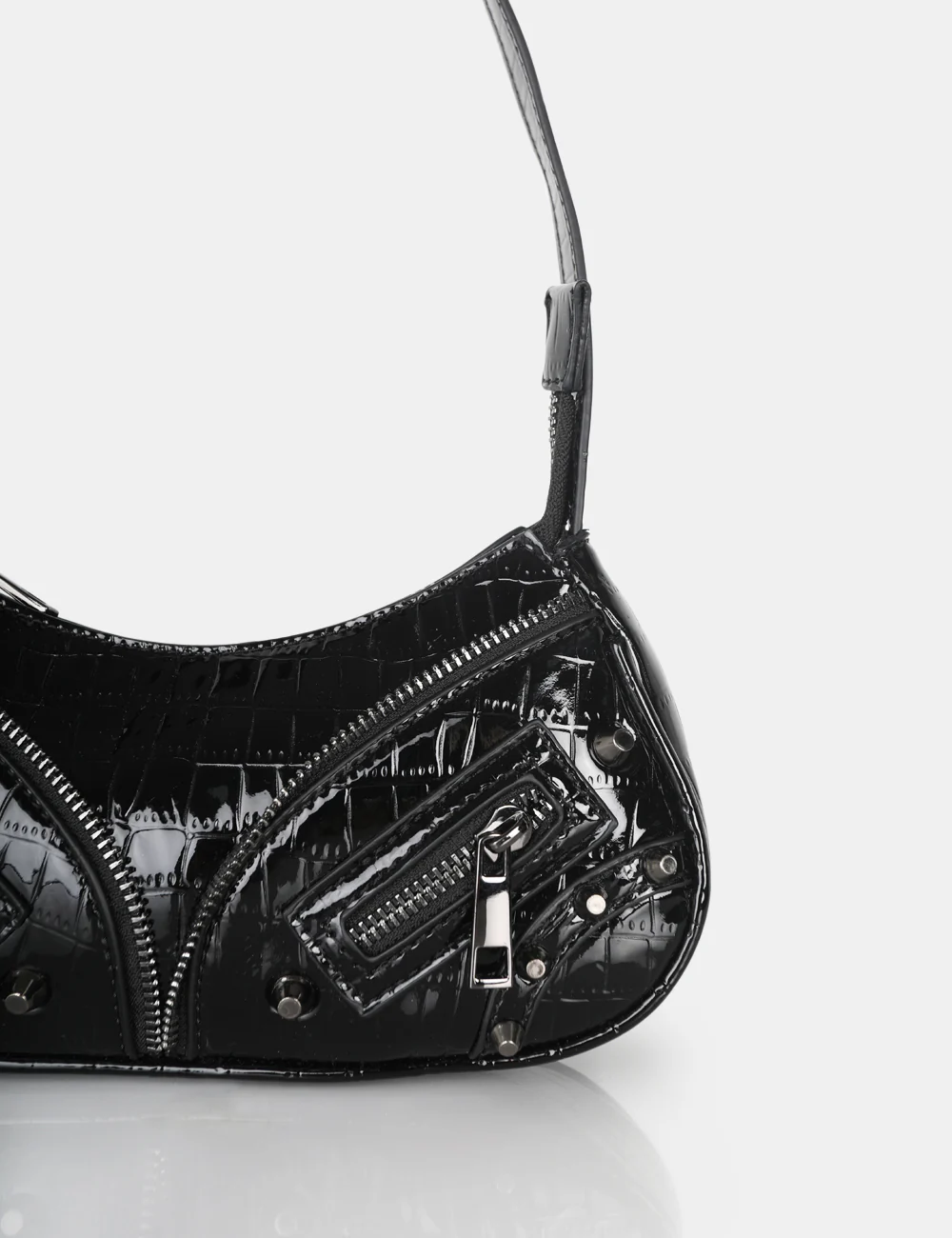 The Candice Zip Detailed Black Croc Shoulder Bag - Image 3