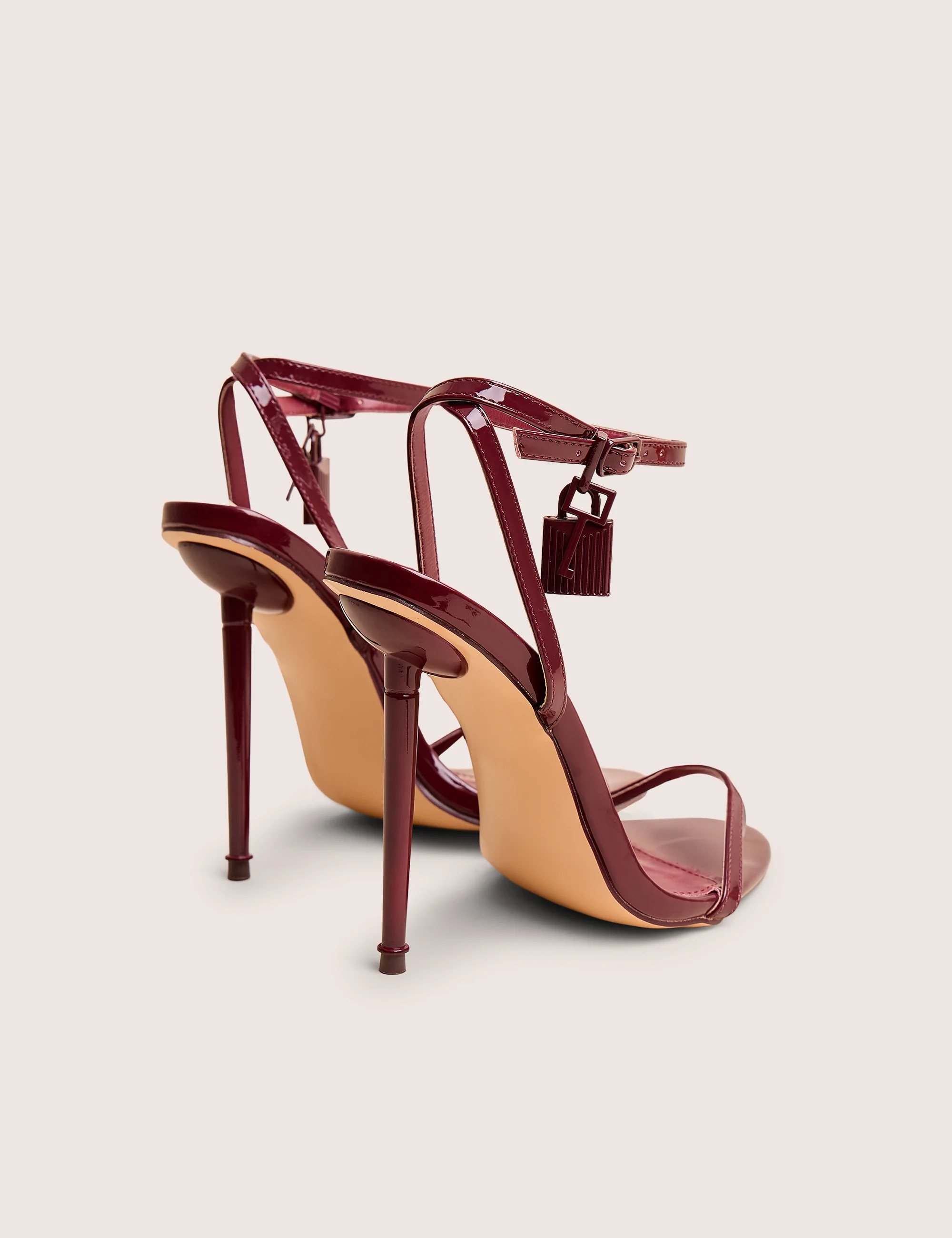 Ti Amo Burgundy Padlock Detail Barely There Pointed Toe Stiletto Heels - Image 3