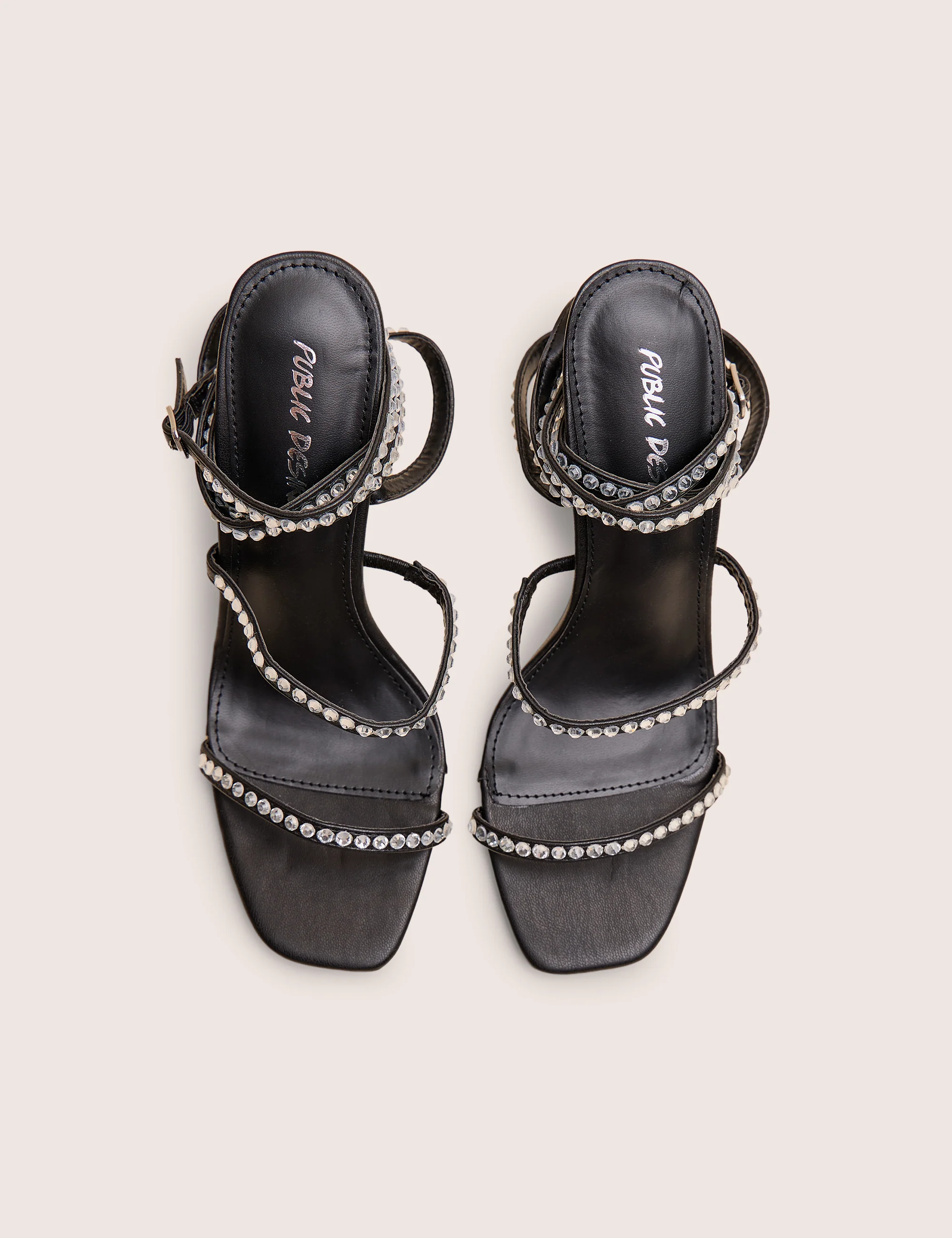 Ultra Chic Black Diamante Strappy Square Toe Slim Block Illusion Heel - Image 2