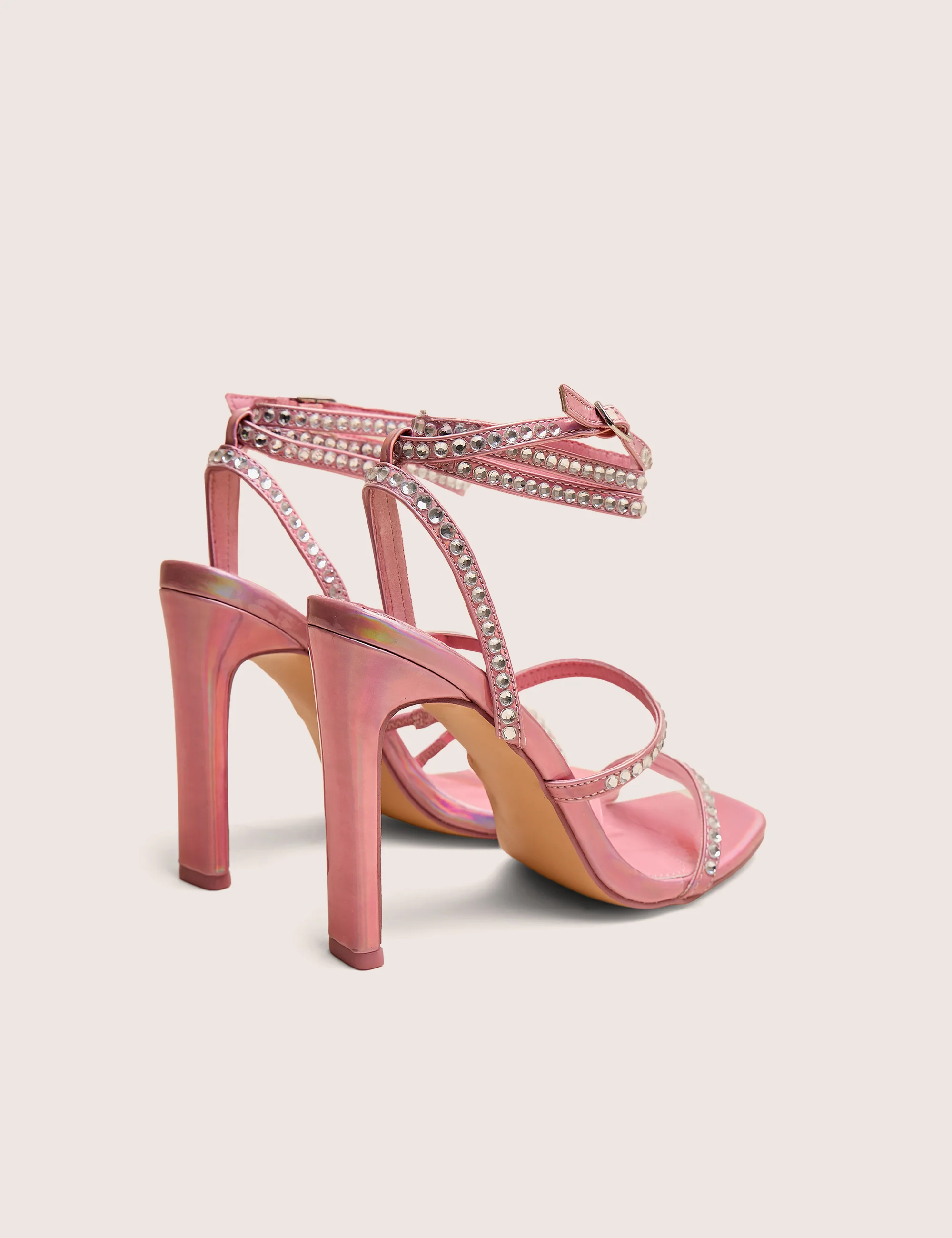 Ultra Chic Pink Diamante Strappy Square Toe Slim Block Illusion Heel - Image 3