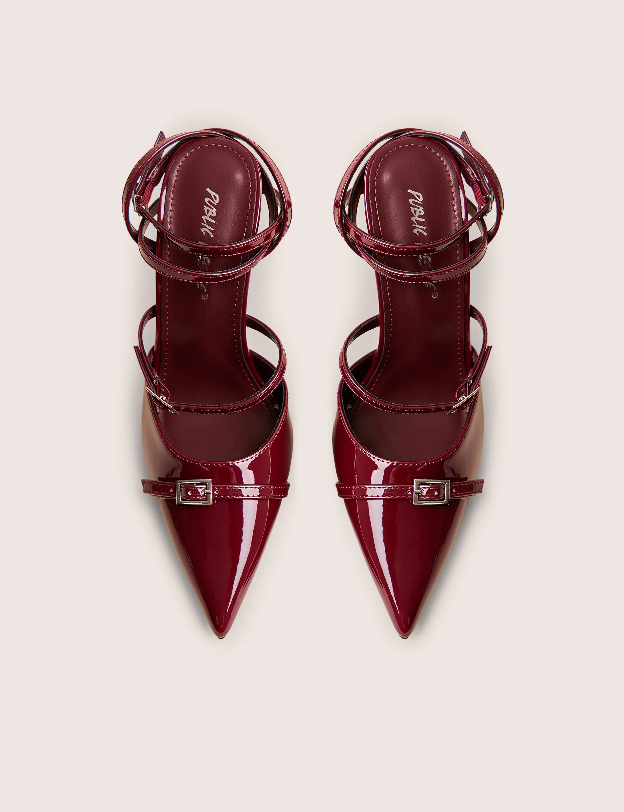 Viper Burgundy Three Strap Buckle Detail Court Heels - Image 2